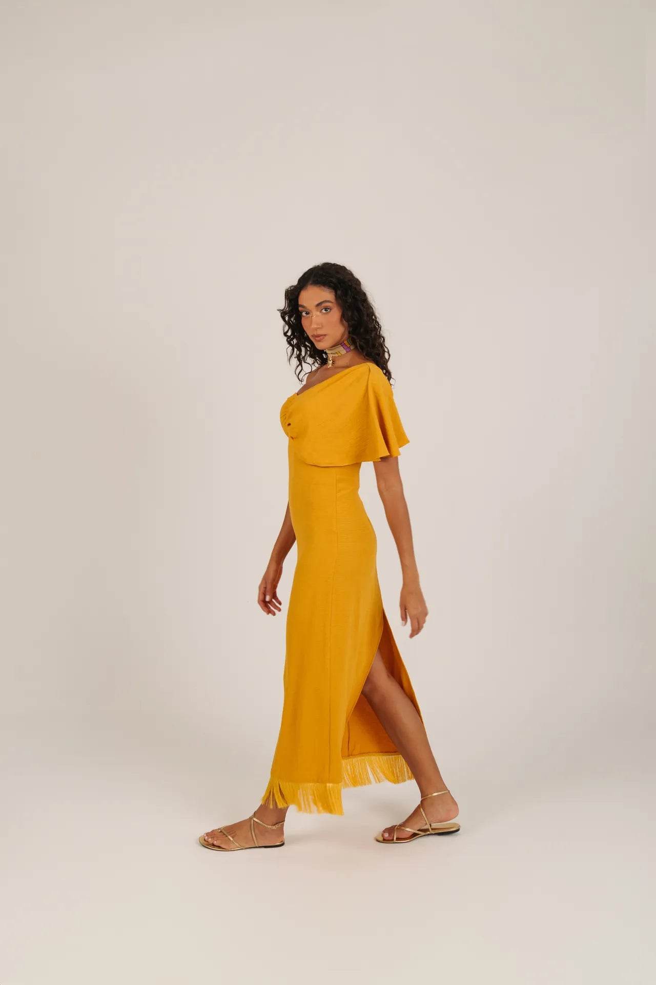 VESTIDO FRANJA OCRE - BOOBOO