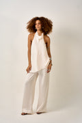 CONJUNTO CALÇA + BLUSA ACETINADA OFF WHITE