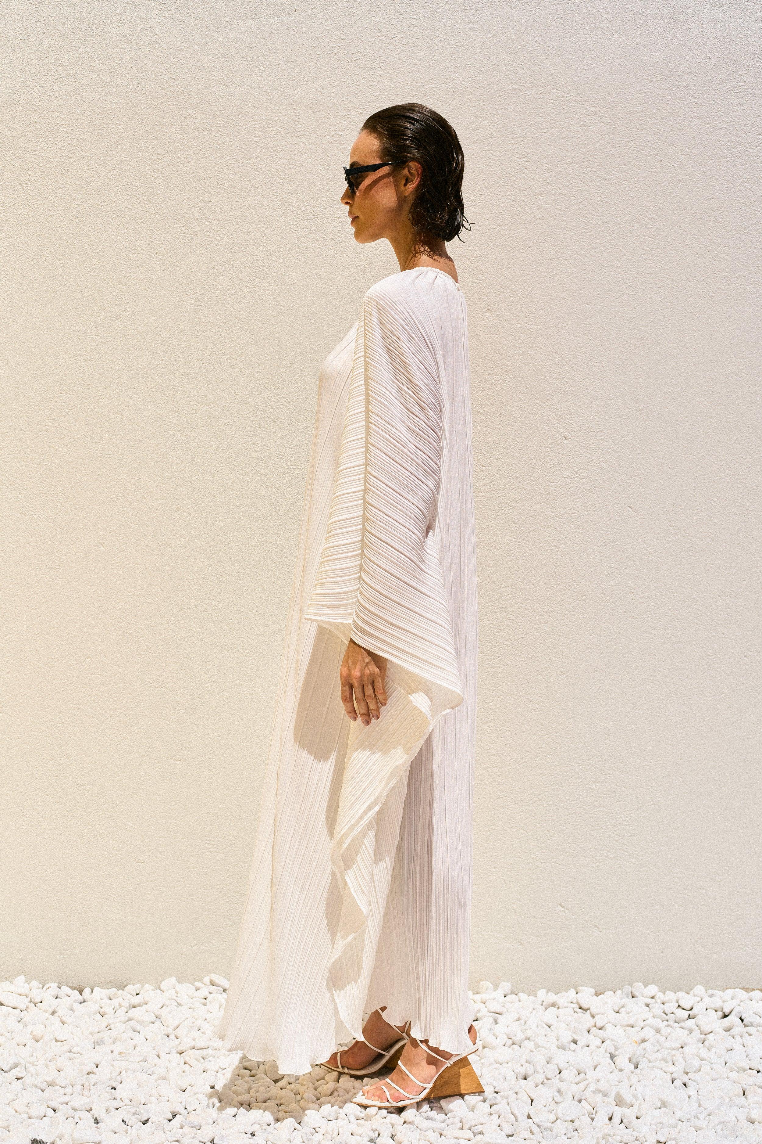VESTIDO KAFTAN PLISSADO OFF WHITE