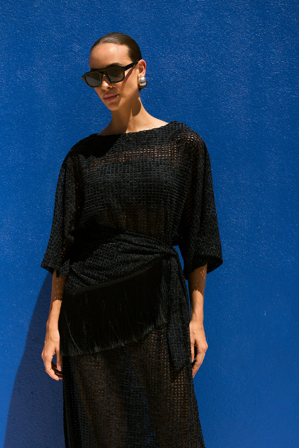 CONJUNTO TÚNICA E LENÇO FRANJA PRETO