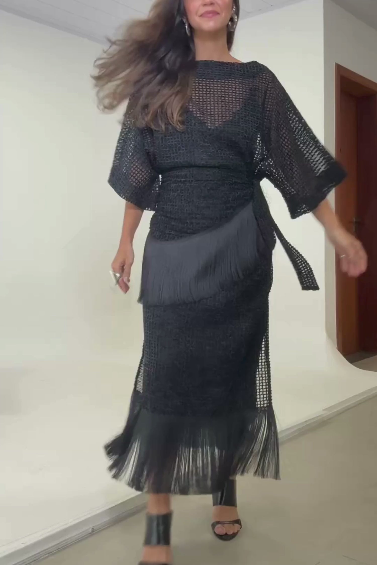 CONJUNTO TÚNICA E LENÇO FRANJA PRETO